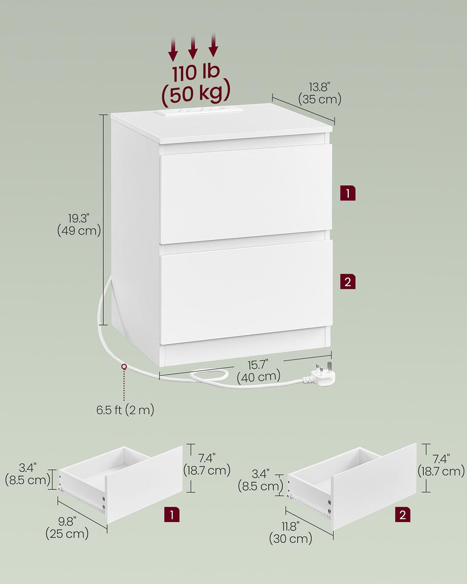 Nightstands – Wood – Cloud White – Charging Station with Drawers – Set of 2