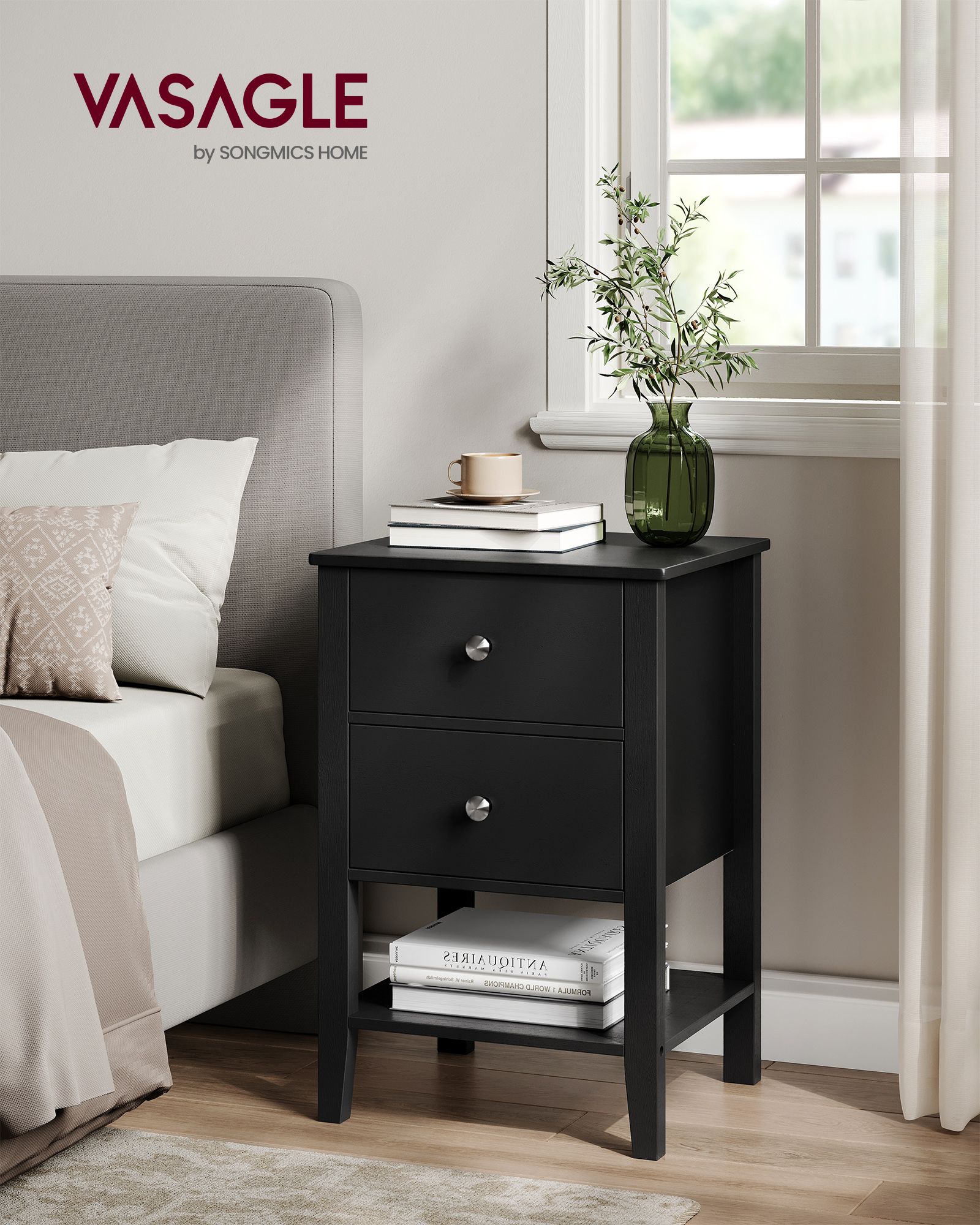 Set of 2 Bedside Tables – Bamboo – Ink Black – Minimalist Style with 2 Storage Drawers and Open Shelf
