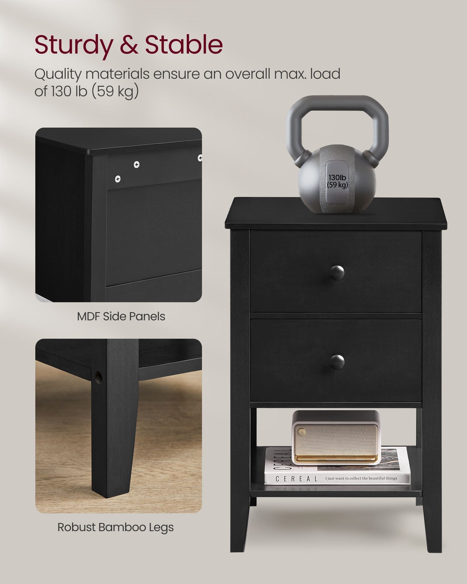 Set of 2 Bedside Tables – Bamboo – Ink Black – Minimalist Style with 2 Storage Drawers and Open Shelf