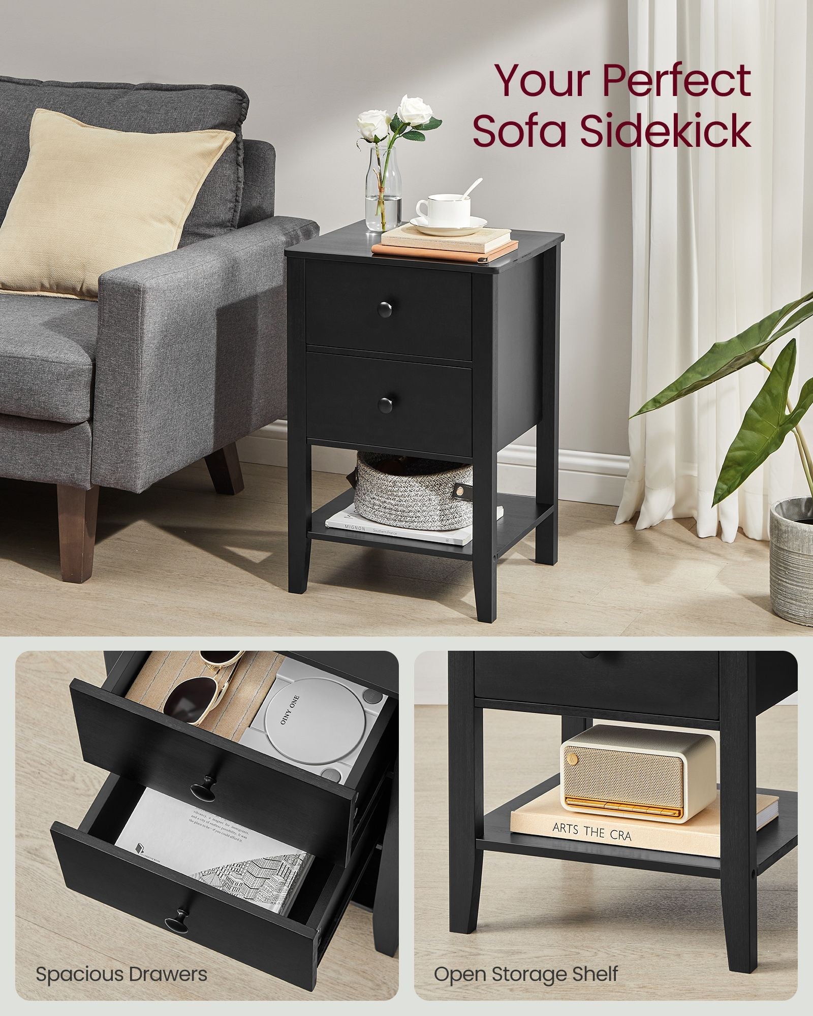 Set of 2 Bedside Tables – Bamboo – Ink Black – Minimalist Style with 2 Storage Drawers and Open Shelf