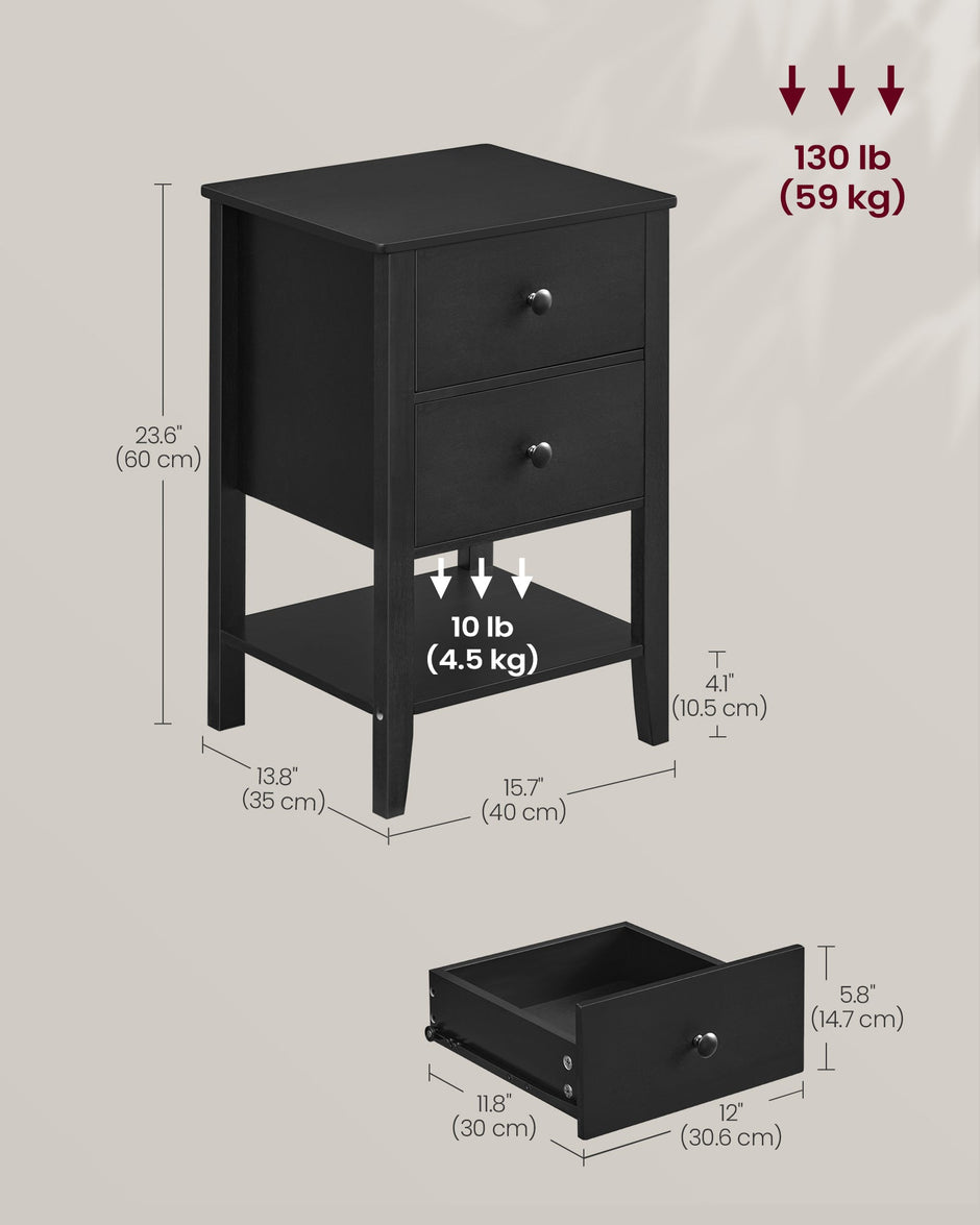 Set of 2 Bedside Tables – Bamboo – Ink Black – Minimalist Style with 2 Storage Drawers and Open Shelf