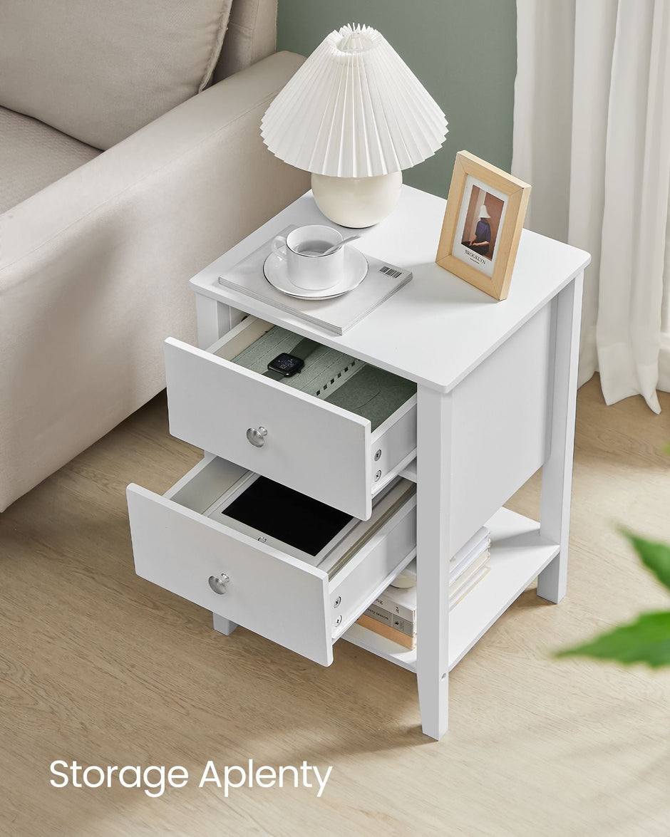 Set of 2 Bamboo Bedside Tables – Bamboo – Cloud White – Minimalist Design with 2 Storage Drawers and Open Shelf
