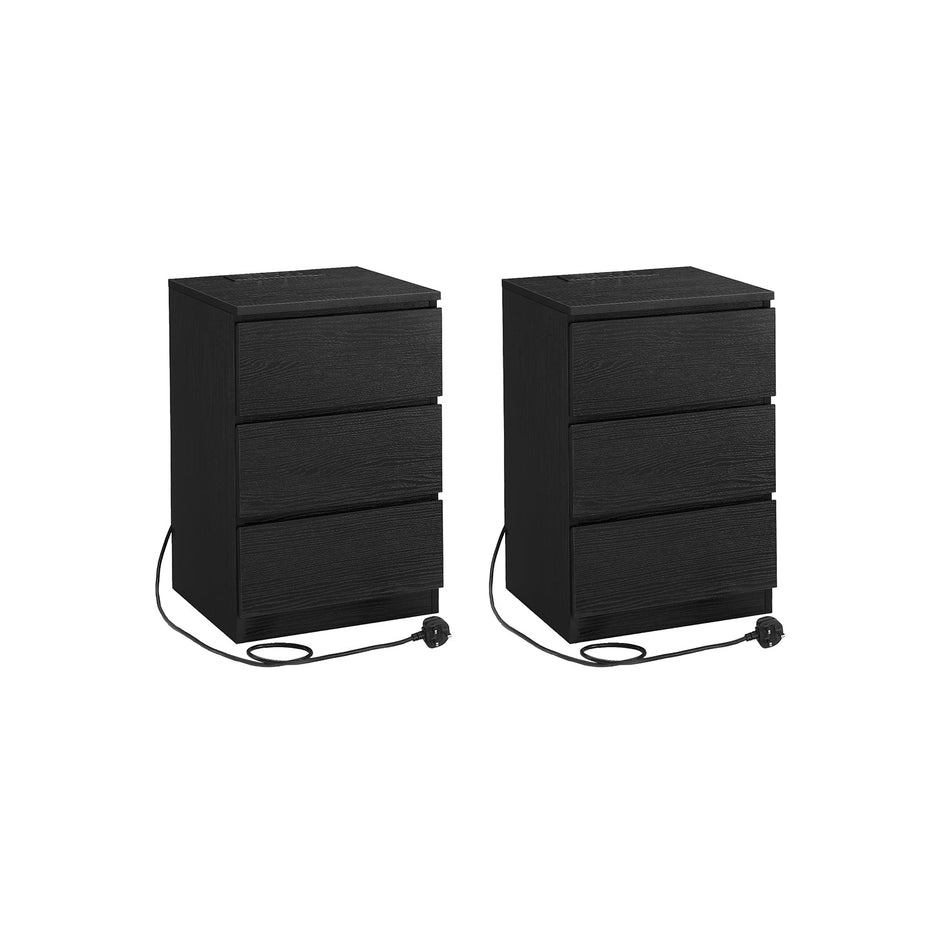Set of 2 Bedside Tables – Wood – Ebony Black – with Charging Stations and Drawers
