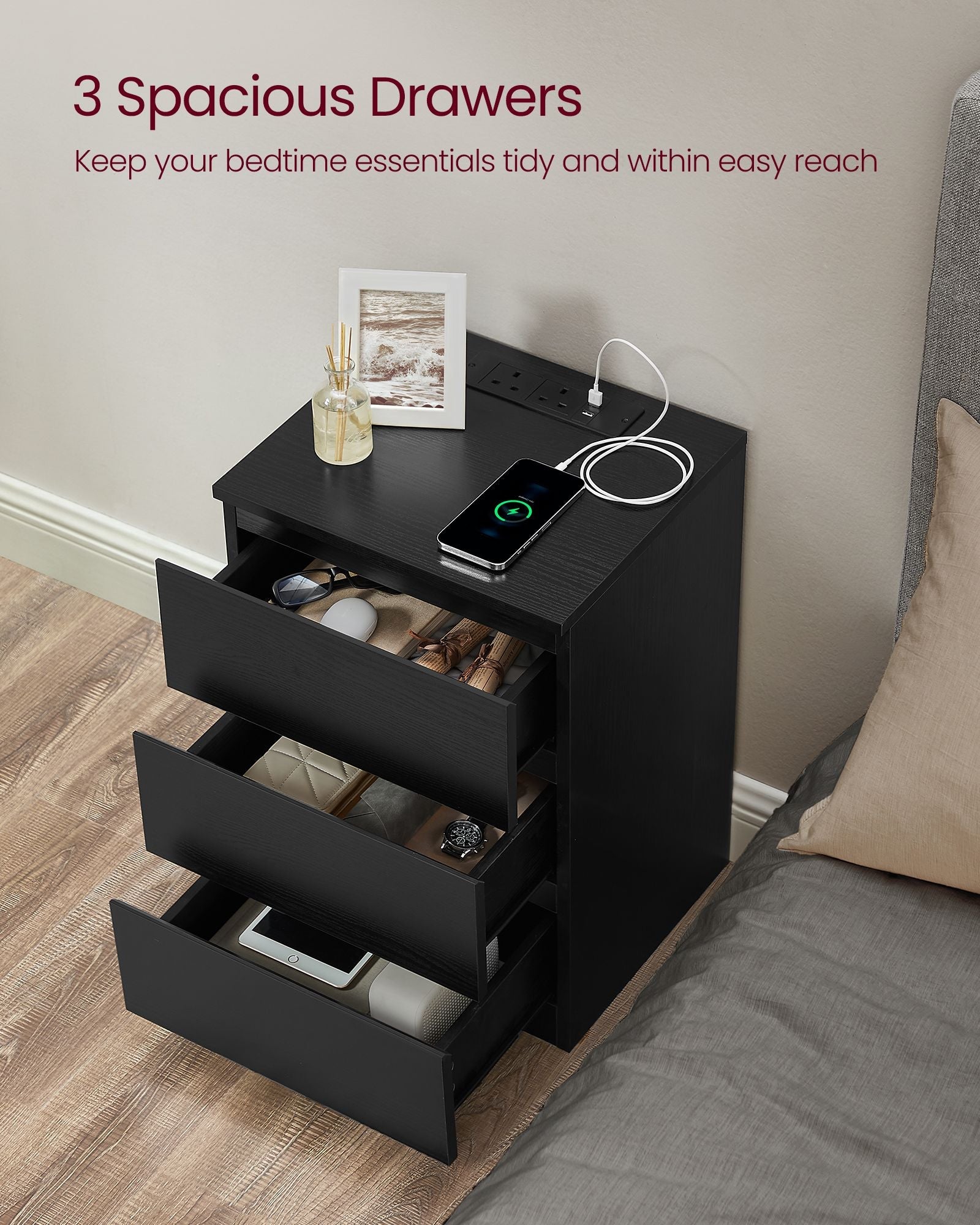 Set of 2 Bedside Tables – Wood – Ebony Black – with Charging Stations and Drawers