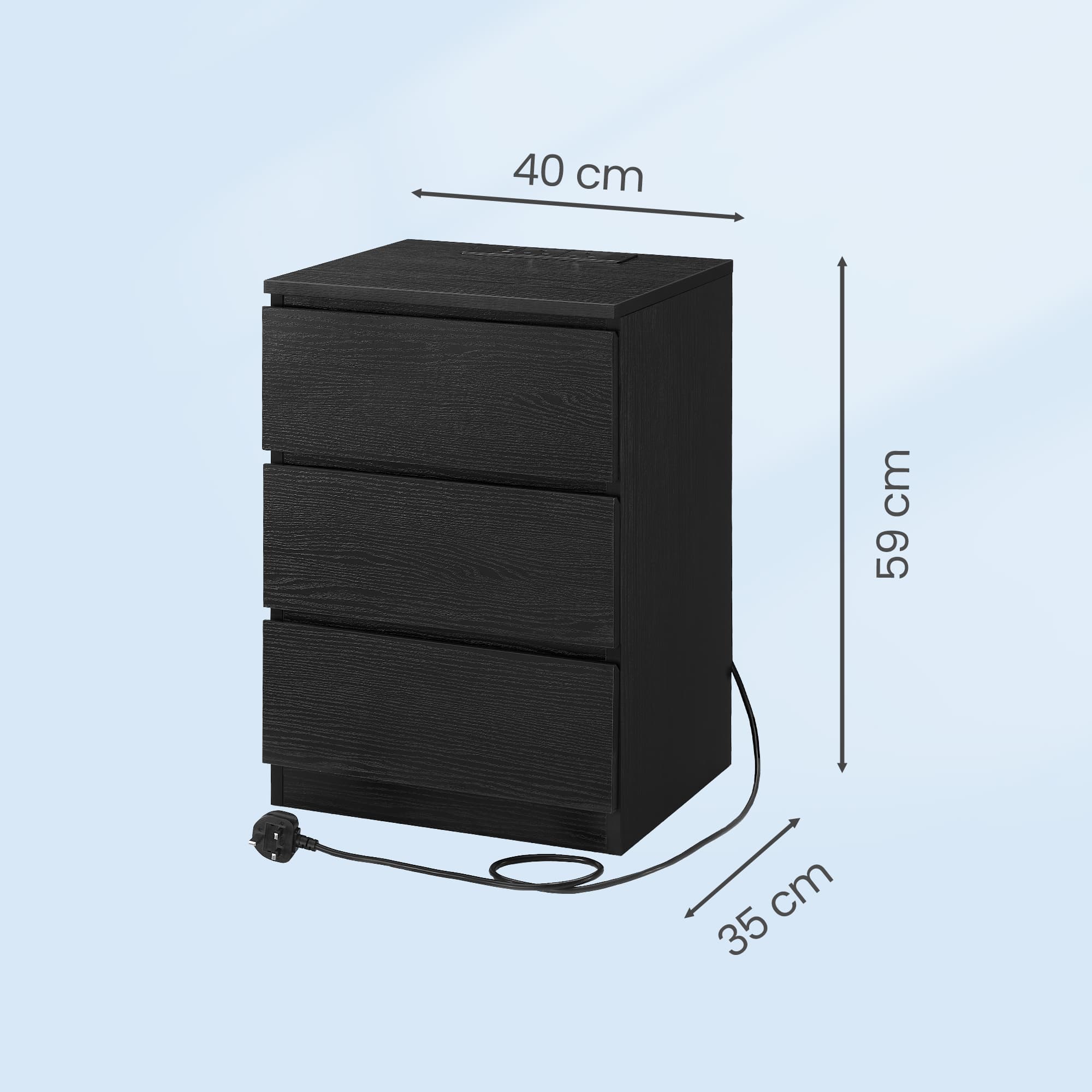Set of 2 Modern Side Tables – Wood – Black – Features 3 Drawers and Built-in Charging Station