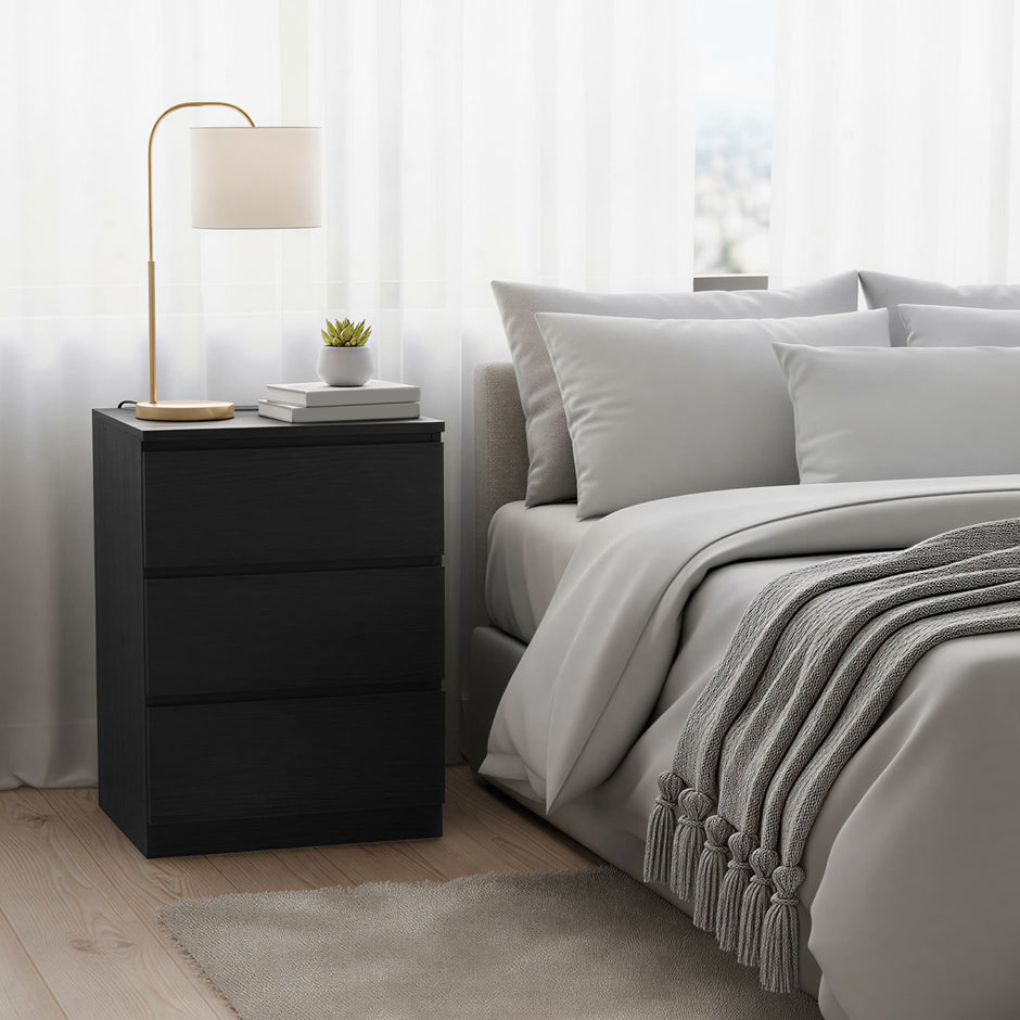 Set of 2 Modern Side Tables – Wood – Black – Features 3 Drawers and Built-in Charging Station