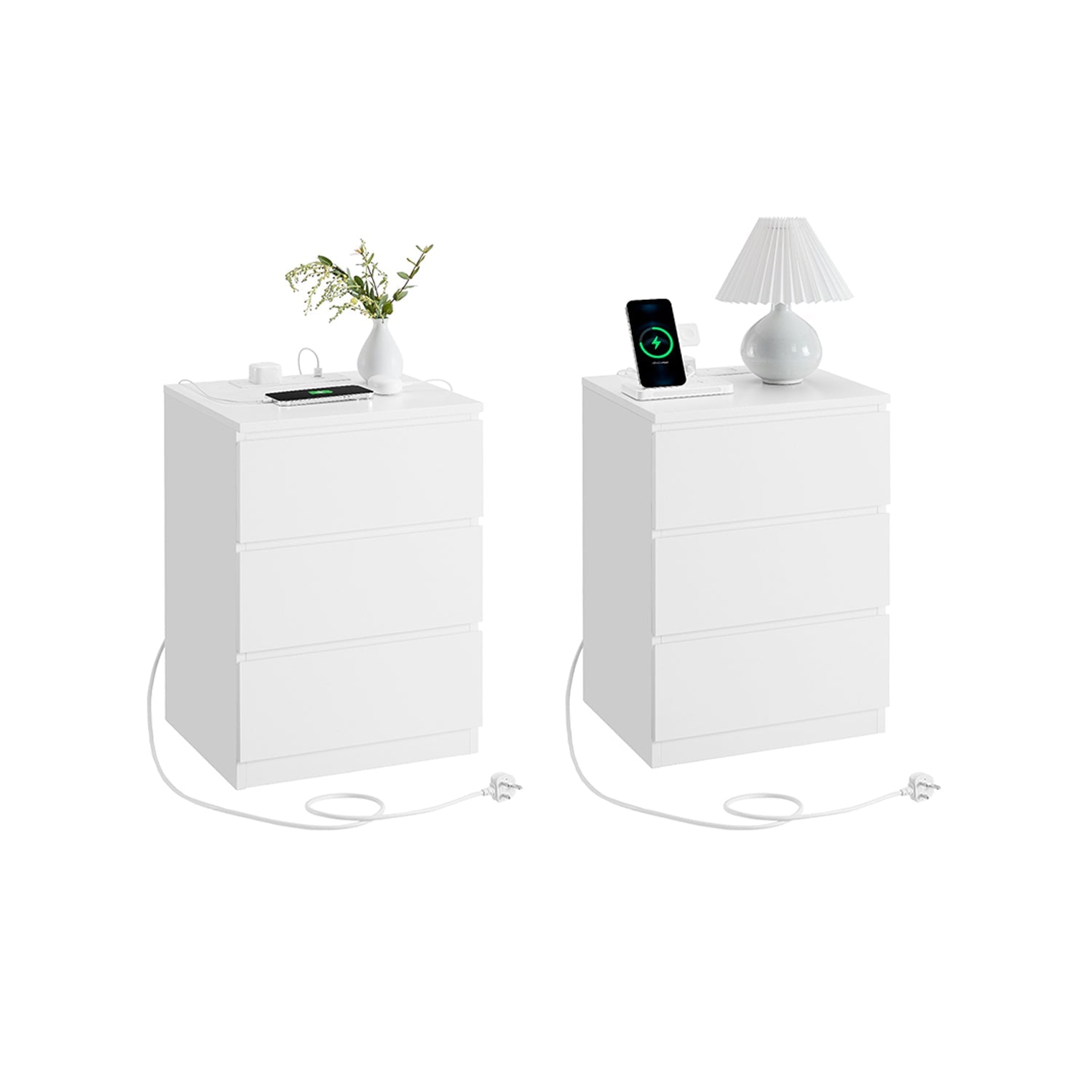 Bedside Table – Wood – Natural Finish – Integrated Charging Station, Set of 2