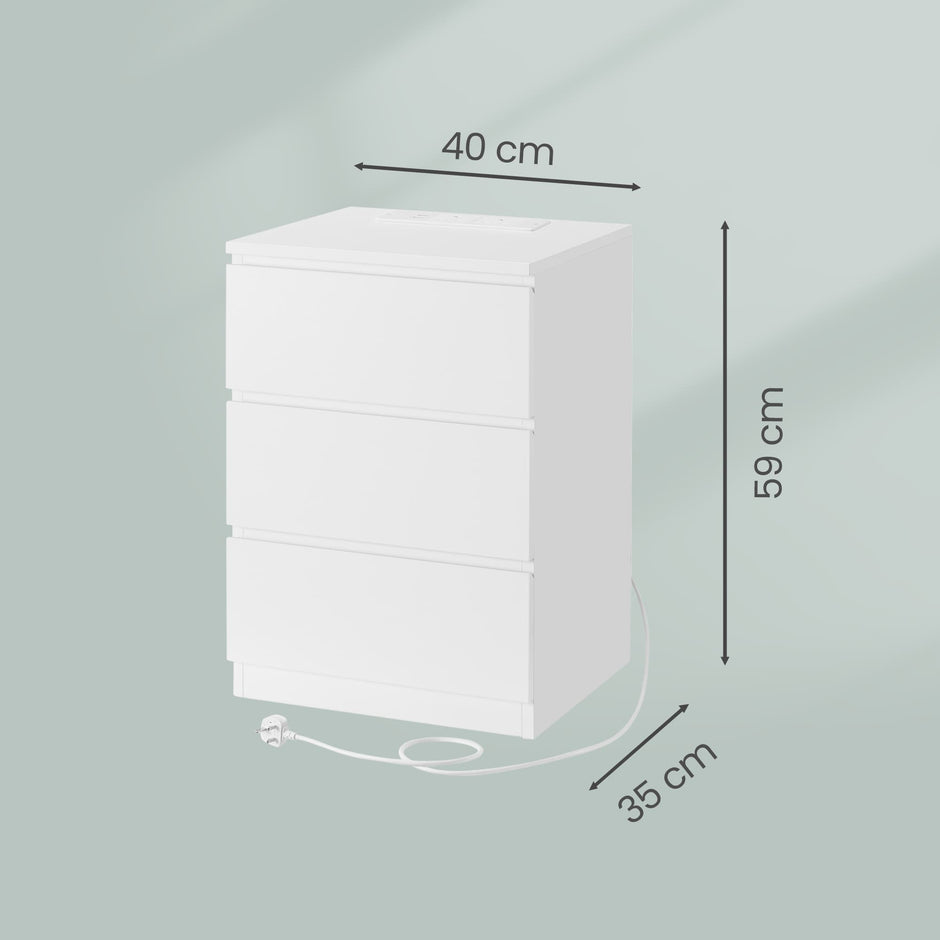 Set of 2 Side End Tables – Wood – White – Modern Design with 3 Drawers and Integrated Charging Station