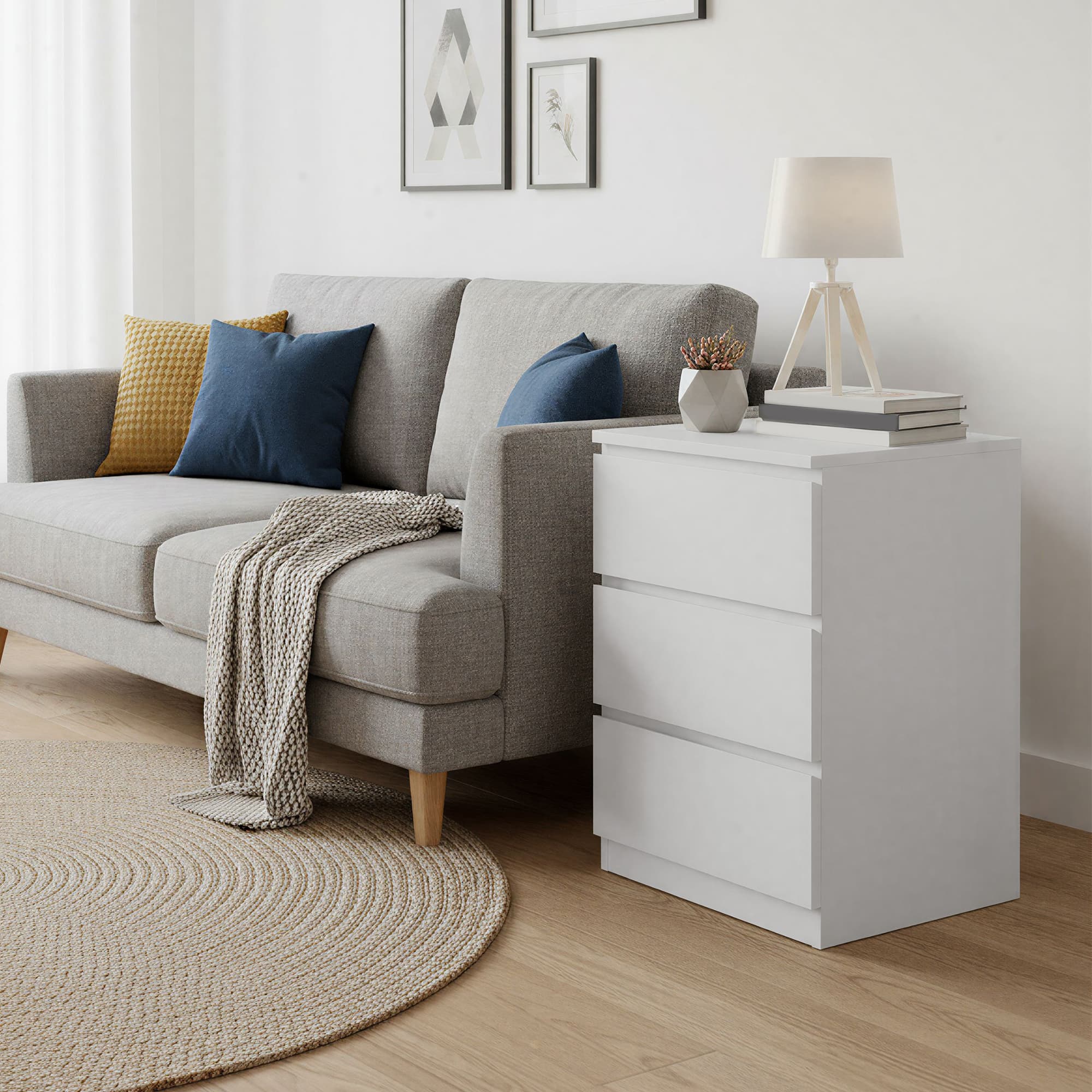 Set of 2 Side End Tables – Wood – White – Modern Design with 3 Drawers and Integrated Charging Station