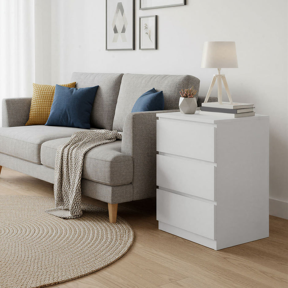 Set of 2 Side End Tables – Wood – White – Modern Design with 3 Drawers and Integrated Charging Station