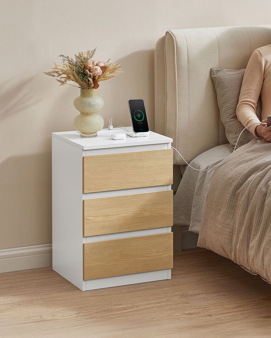 Set of 2 Bedside Tables – Wood – Cloud White and Almond Yellow – With Charging Station