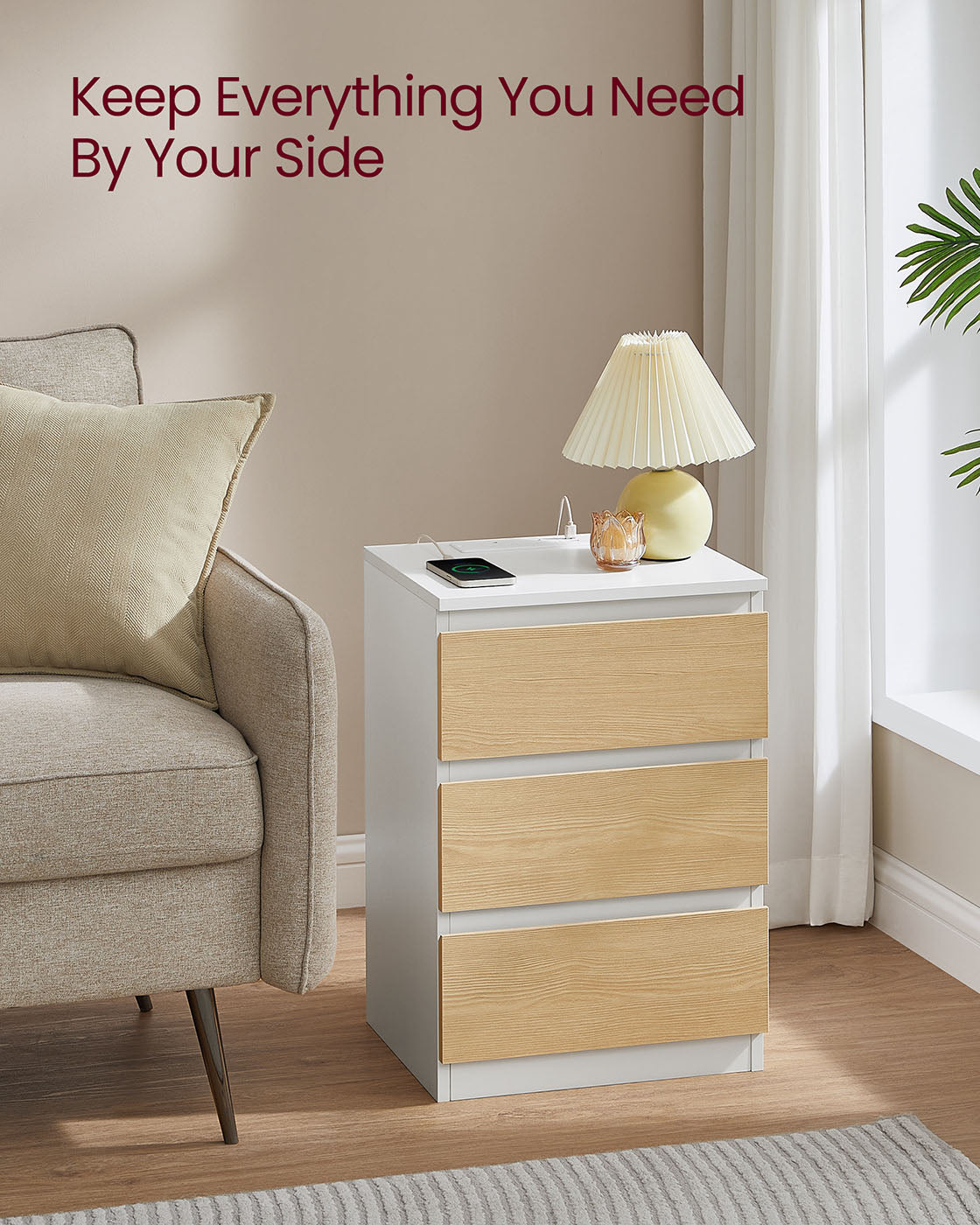 Set of 2 Bedside Tables – Wood – Cloud White and Almond Yellow – With Charging Station