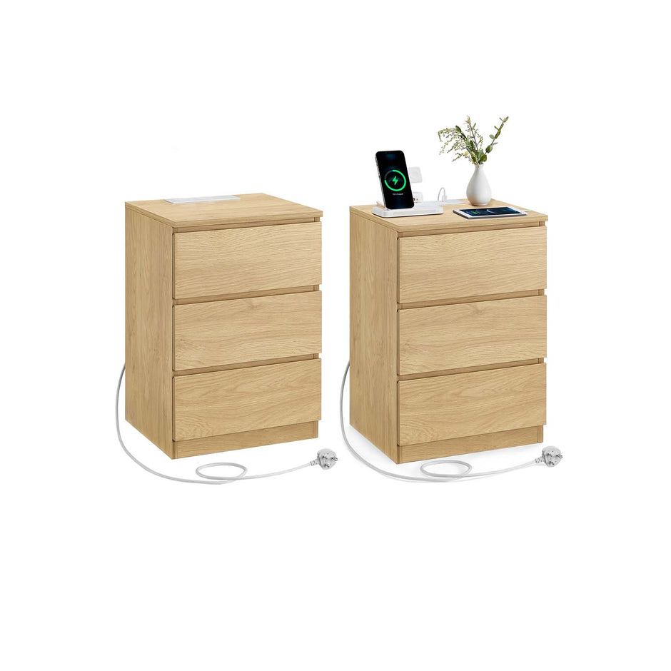 Bedside Table – Wood – Straw Yellow – Set of 2 with Charging Station