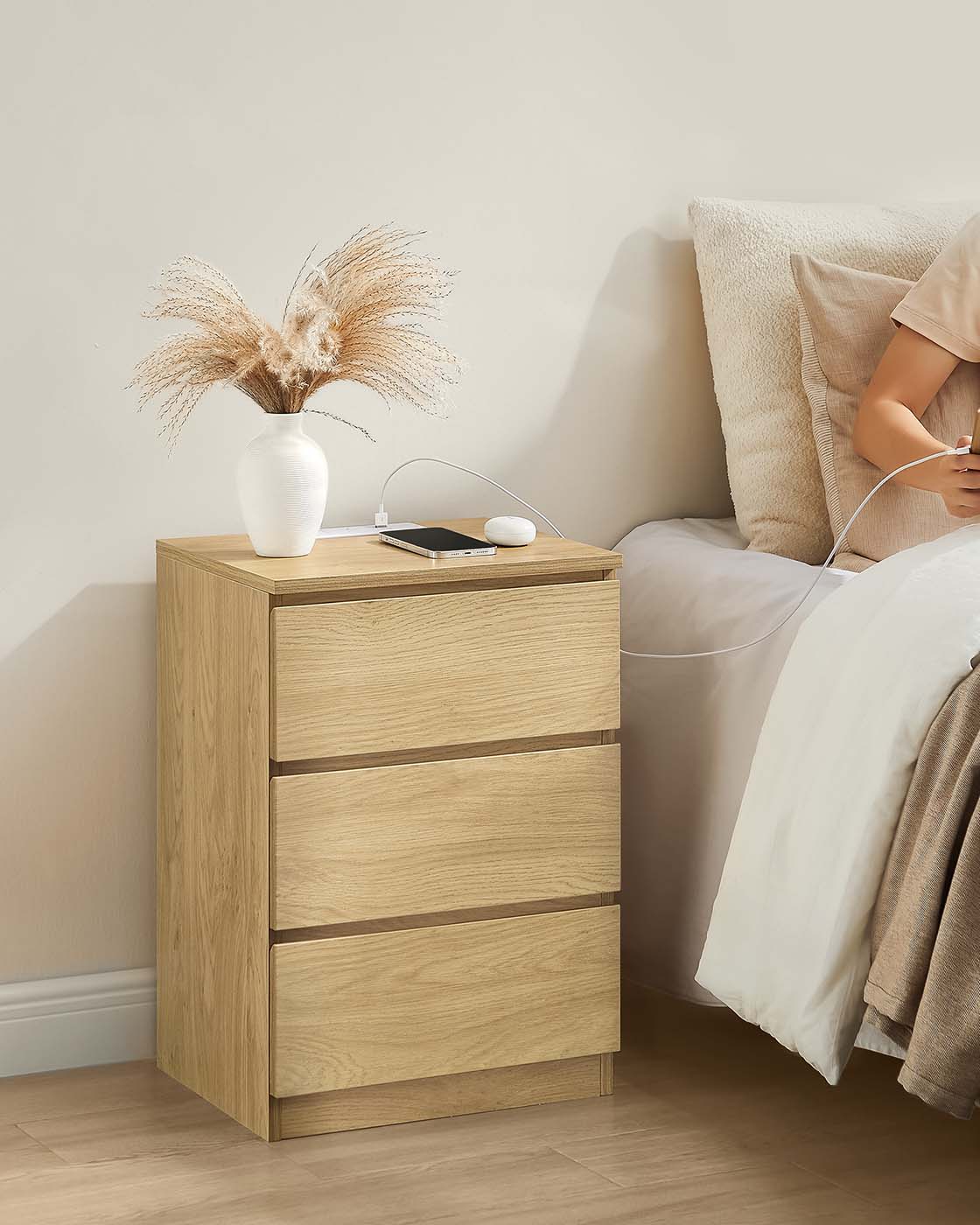 Bedside Table – Wood – Straw Yellow – Set of 2 with Charging Station