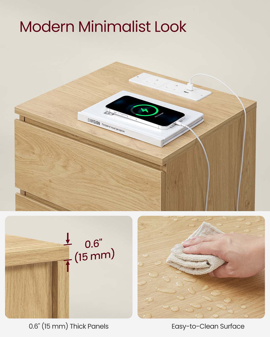 Bedside Table – Wood – Straw Yellow – Set of 2 with Charging Station