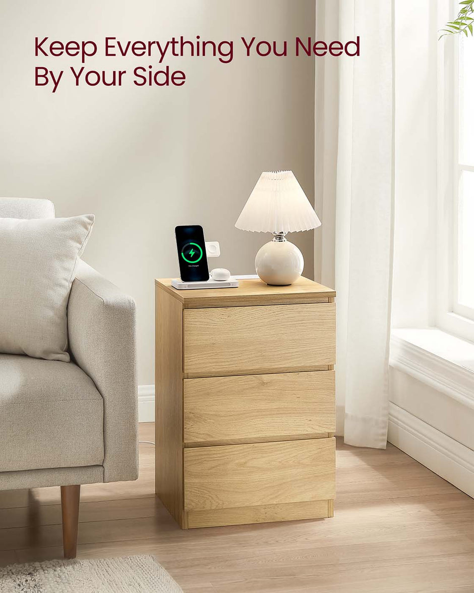 Bedside Table – Wood – Straw Yellow – Set of 2 with Charging Station