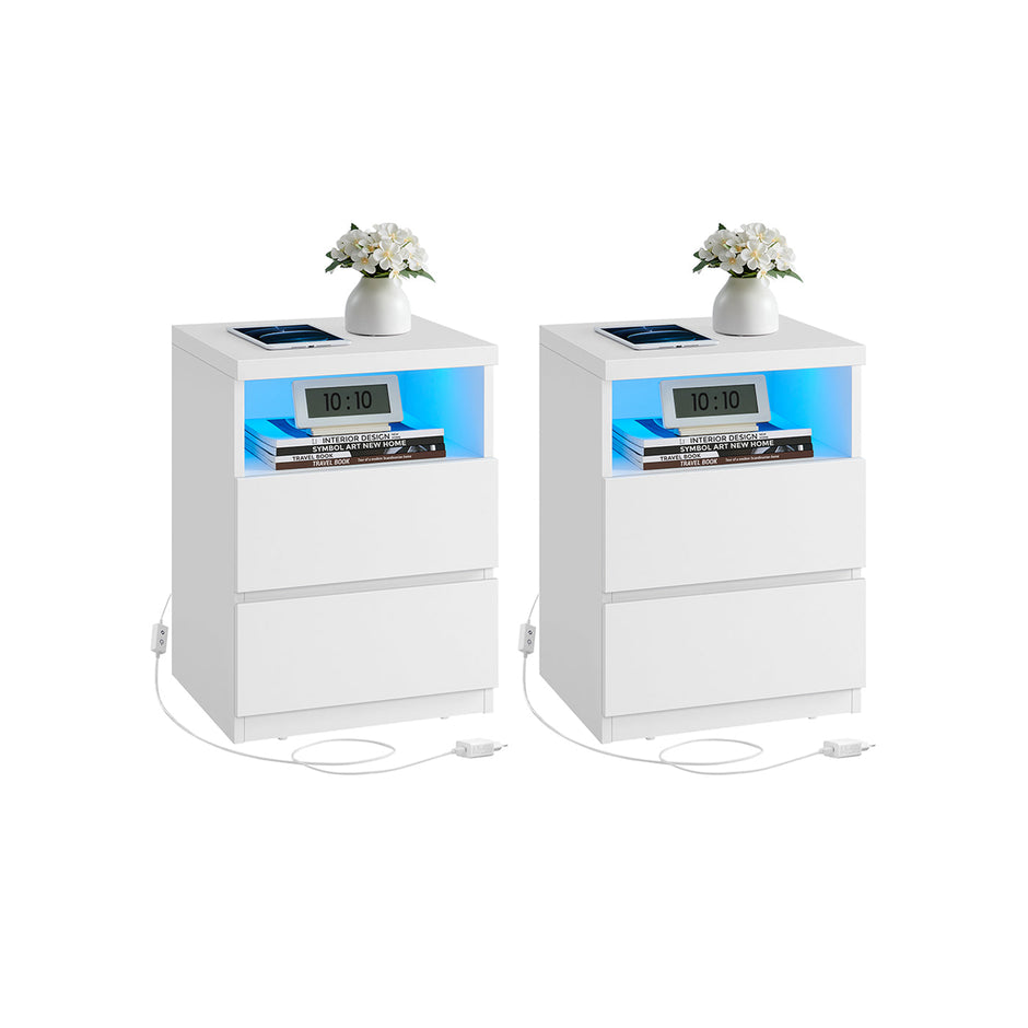 Set of 2 Nightstands – Wood – White – Adjustable LED Light and Drawers