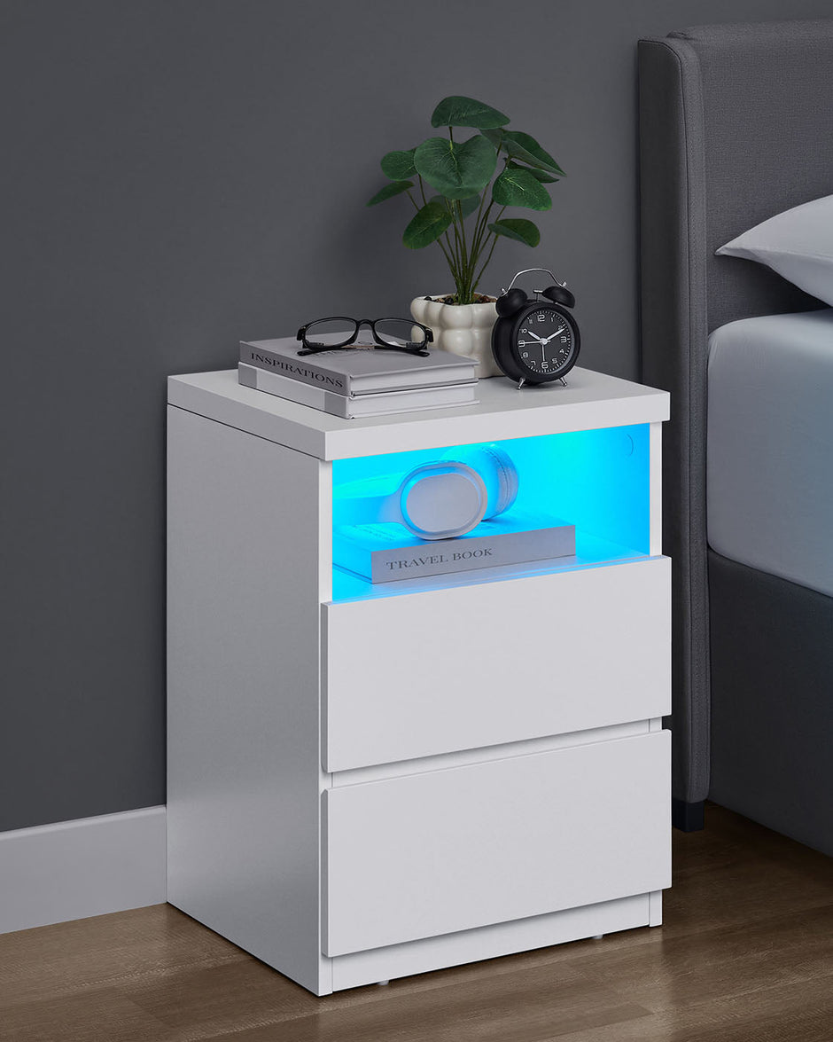 Set of 2 Nightstands – Wood – White – Adjustable LED Light and Drawers
