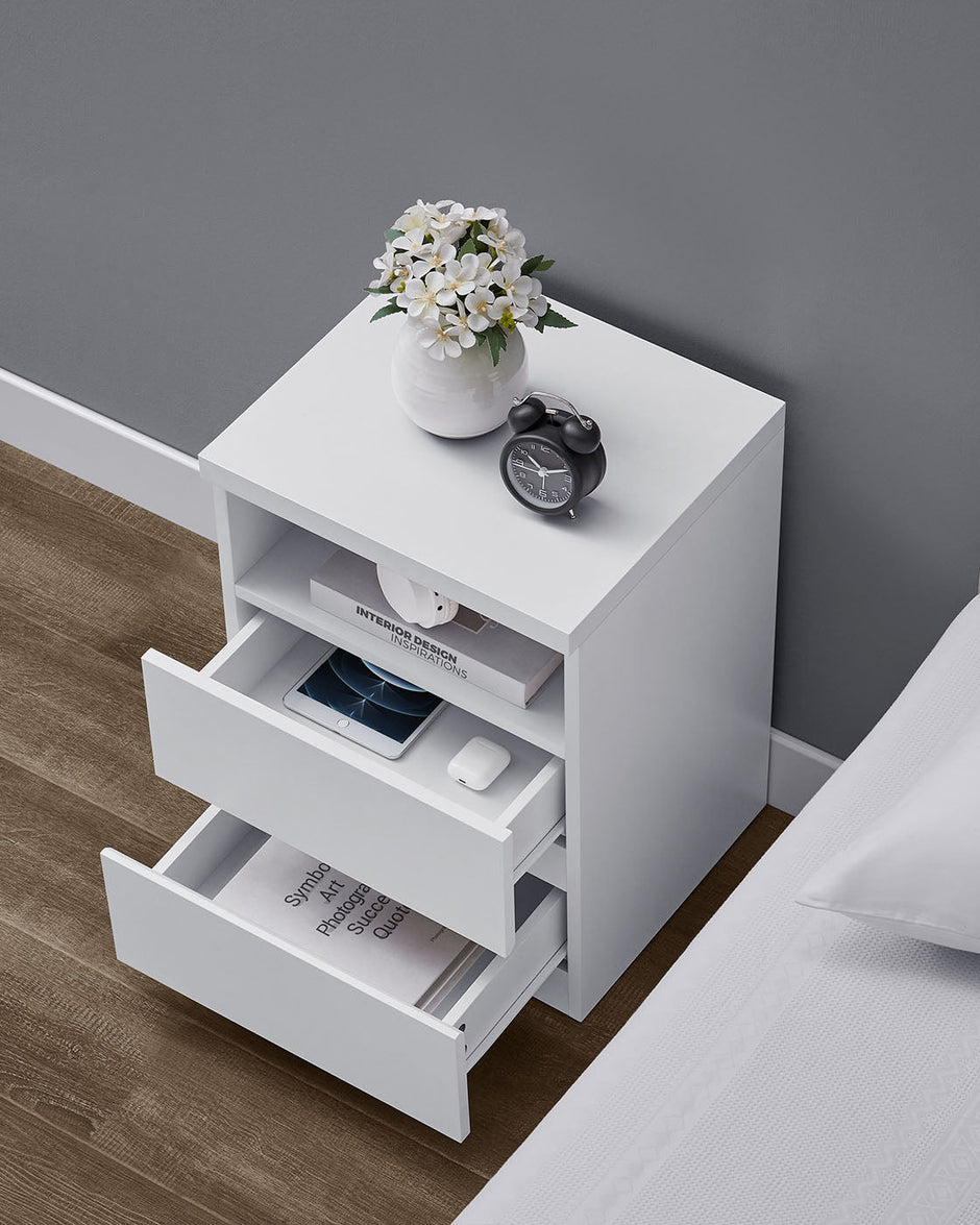 Set of 2 Nightstands – Wood – White – Adjustable LED Light and Drawers
