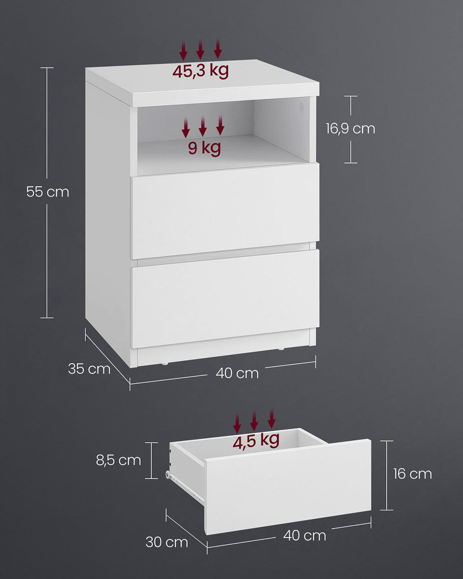 Set of 2 Nightstands – Wood – White – Adjustable LED Light and Drawers