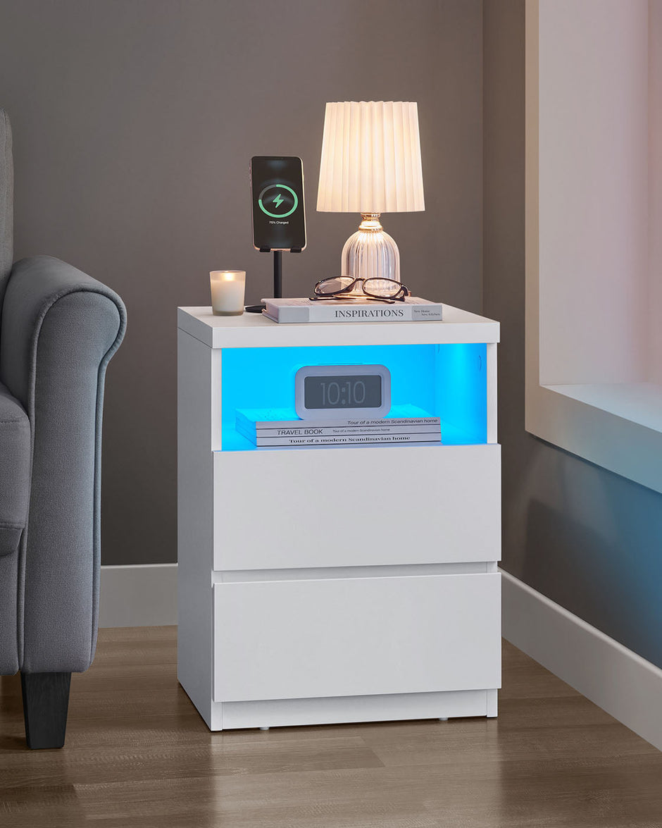 Set of 2 Nightstands – Wood – White – Adjustable LED Light and Drawers