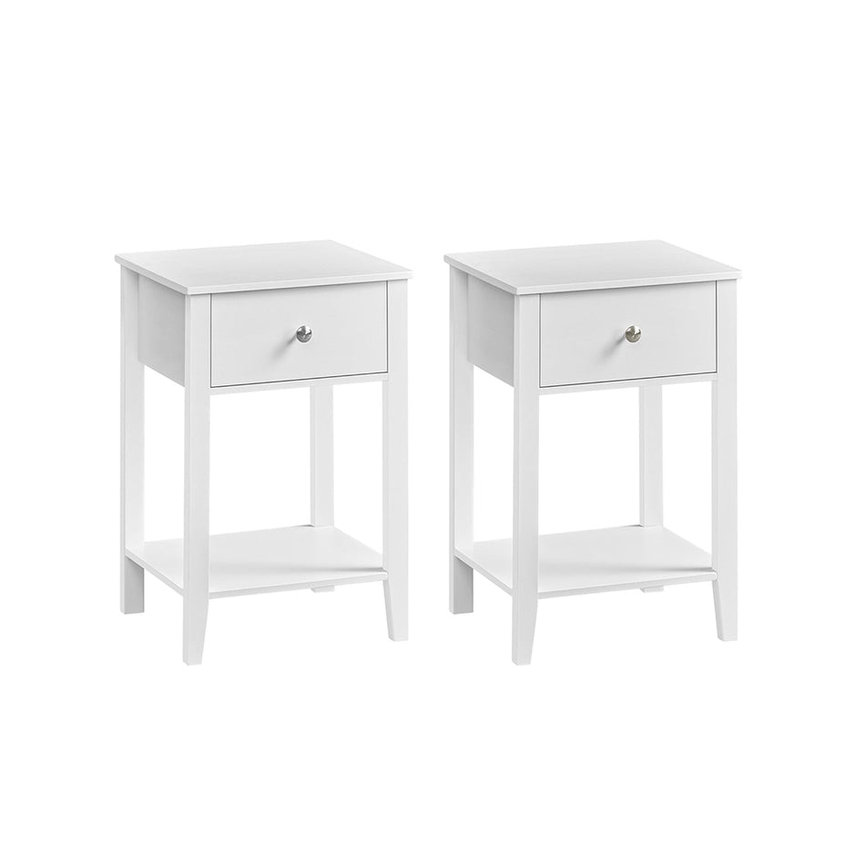 Set of 2 Bedside Tables – Bamboo – Cloud White – Storage Drawer and Open Shelf