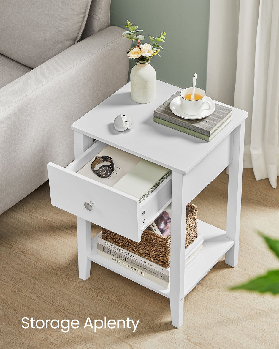 Set of 2 Bedside Tables – Bamboo – Cloud White – Storage Drawer and Open Shelf