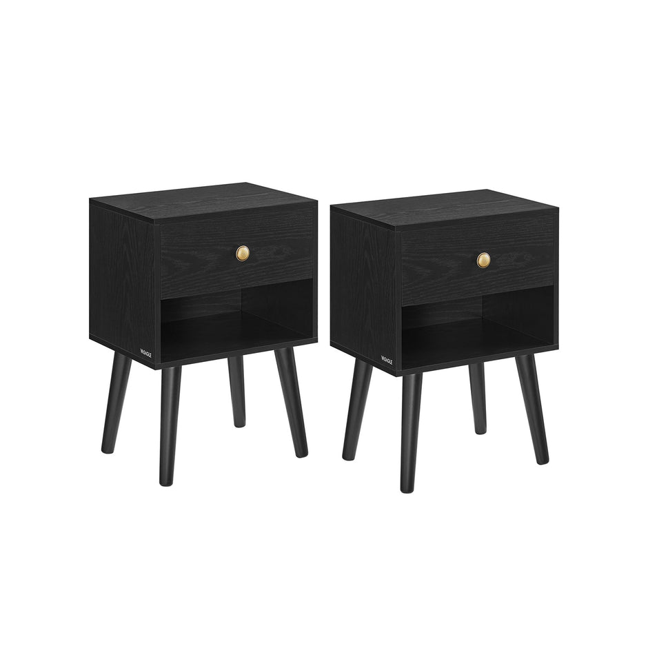 Set of 2 Bedside Tables – Solid Wood – Ebony Black – Storage Drawer and Open Shelf