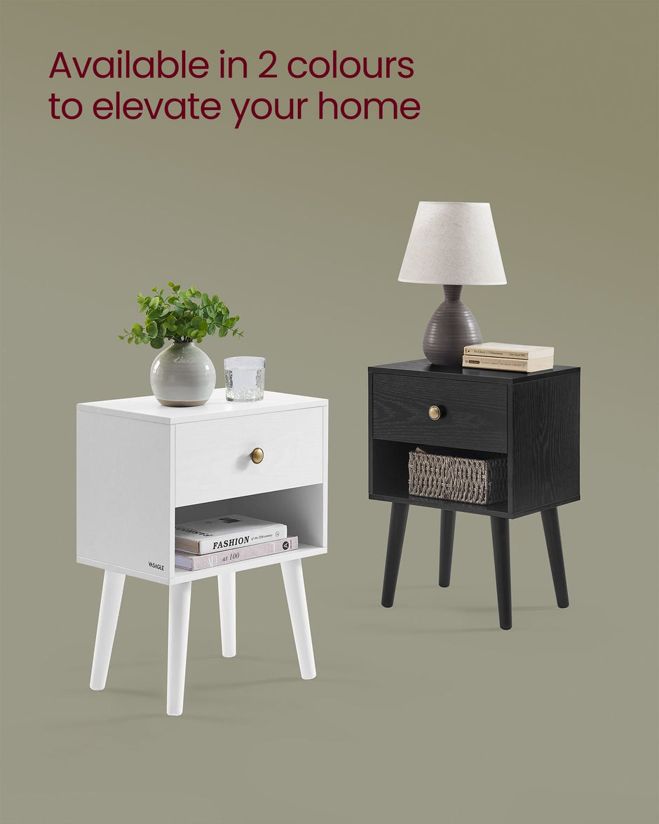 Set of 2 Bedside Tables – Solid Wood – Ebony Black – Storage Drawer and Open Shelf