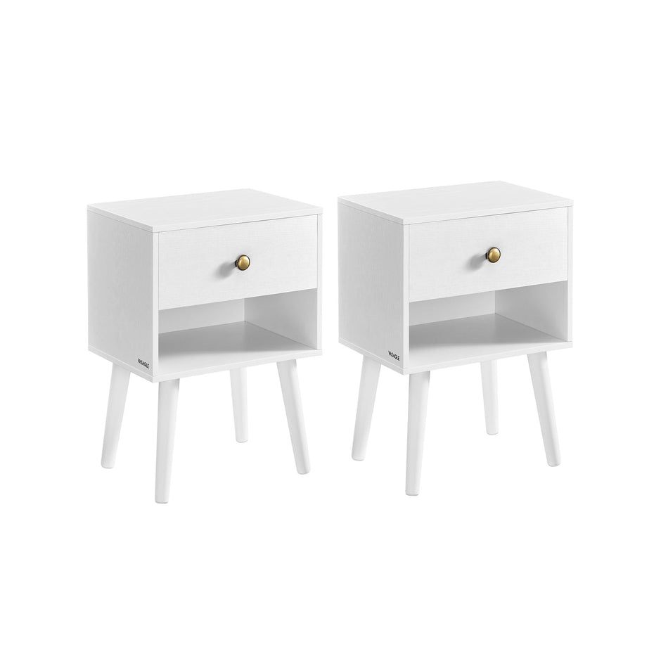Set of 2 Bedside Tables – Solid Wood – Cloud White – Features Storage Drawers and Open Shelf