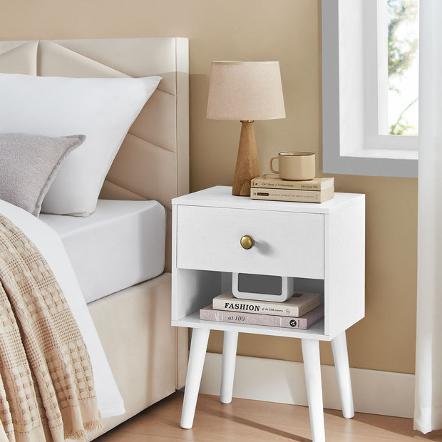 Set of 2 Bedside Tables – Solid Wood – Cloud White – Features Storage Drawers and Open Shelf