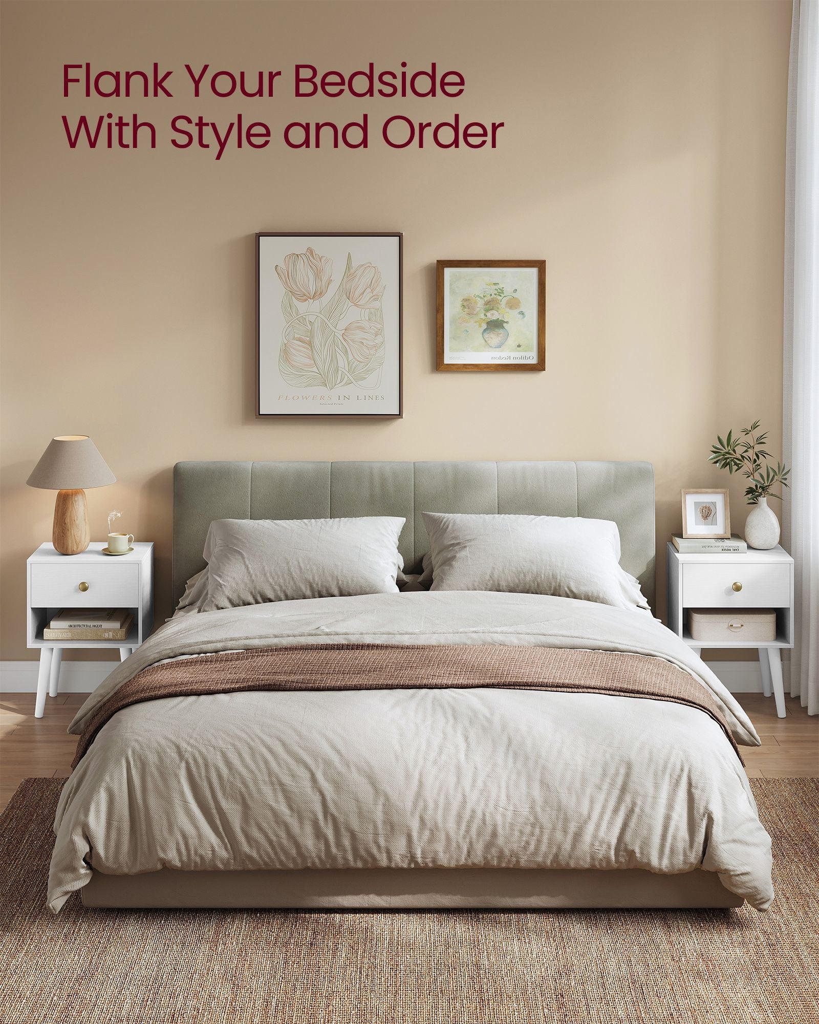Set of 2 Bedside Tables – Solid Wood – Cloud White – Features Storage Drawers and Open Shelf