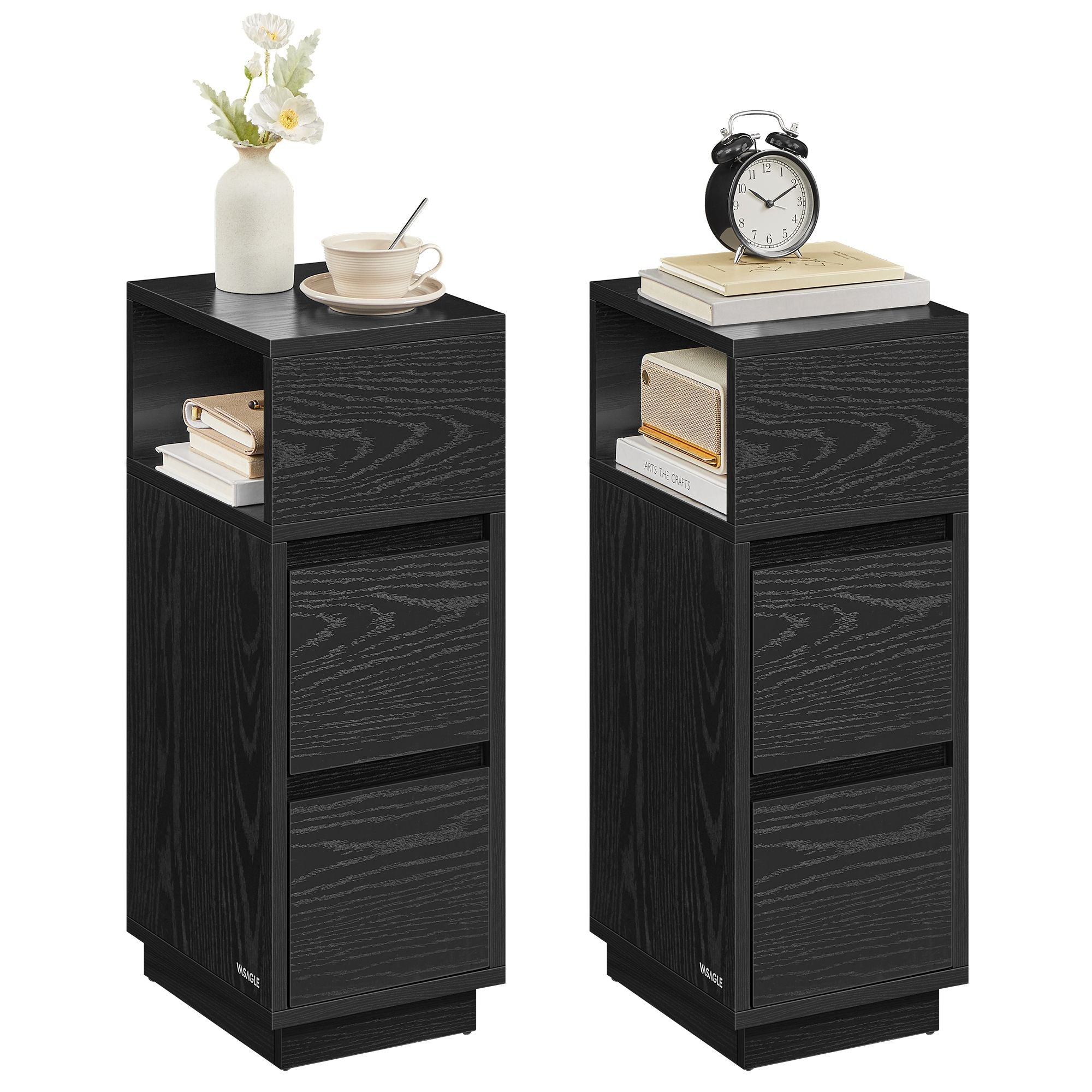 Narrow Nightstand – Wood – Ebony Black – Adjustable Design with 2 Drawers and Shelf