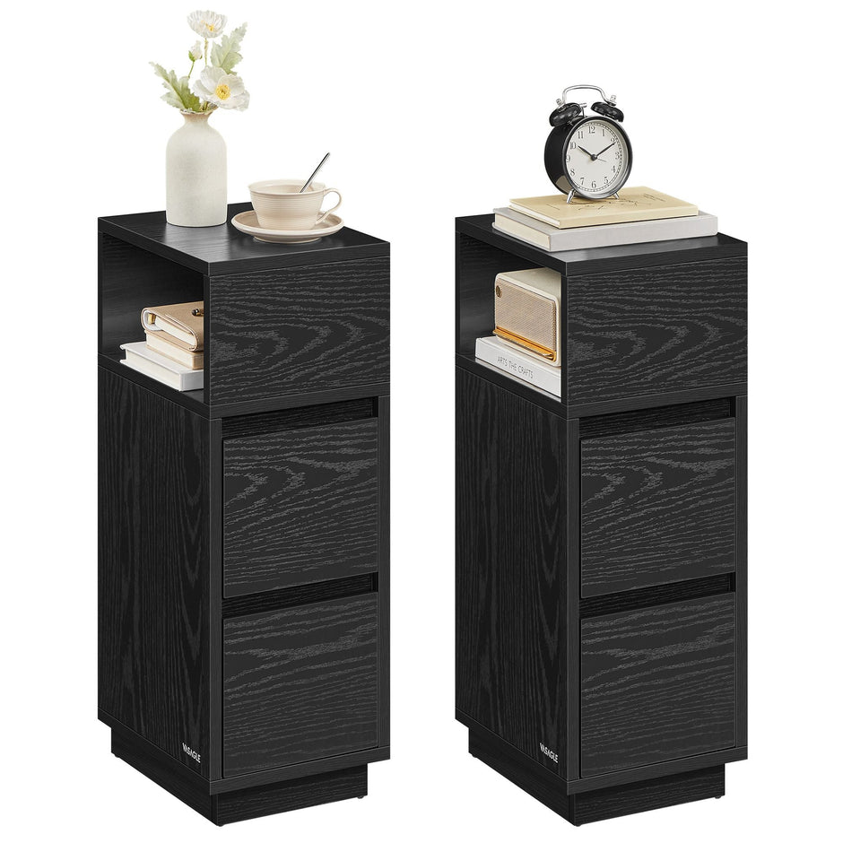 Narrow Nightstand – Wood – Ebony Black – Adjustable Design with 2 Drawers and Shelf