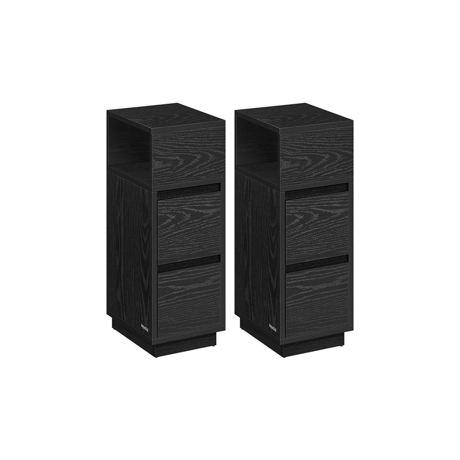 Narrow Nightstand – Wood – Ebony Black – Adjustable Design with 2 Drawers and Shelf