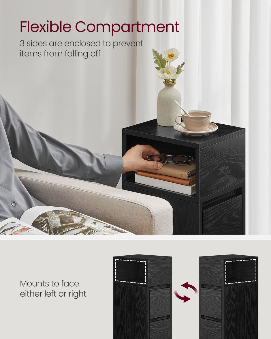 Narrow Nightstand – Wood – Ebony Black – Adjustable Design with 2 Drawers and Shelf