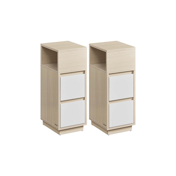 Set of 2 Slim Side Tables – Wood – Cloud White – 2 Drawers and Open Compartment