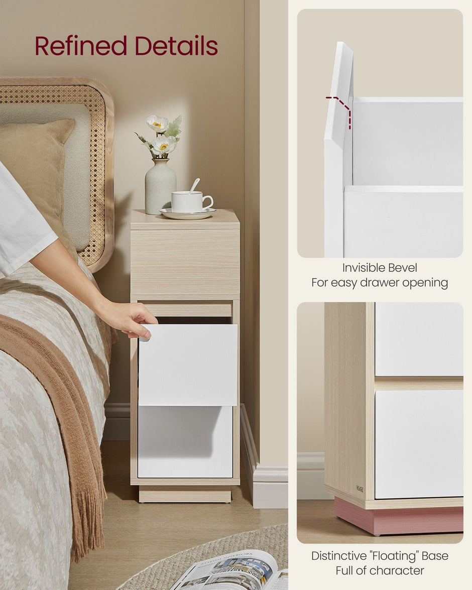 Set of 2 Slim Side Tables – Wood – Cloud White – 2 Drawers and Open Compartment