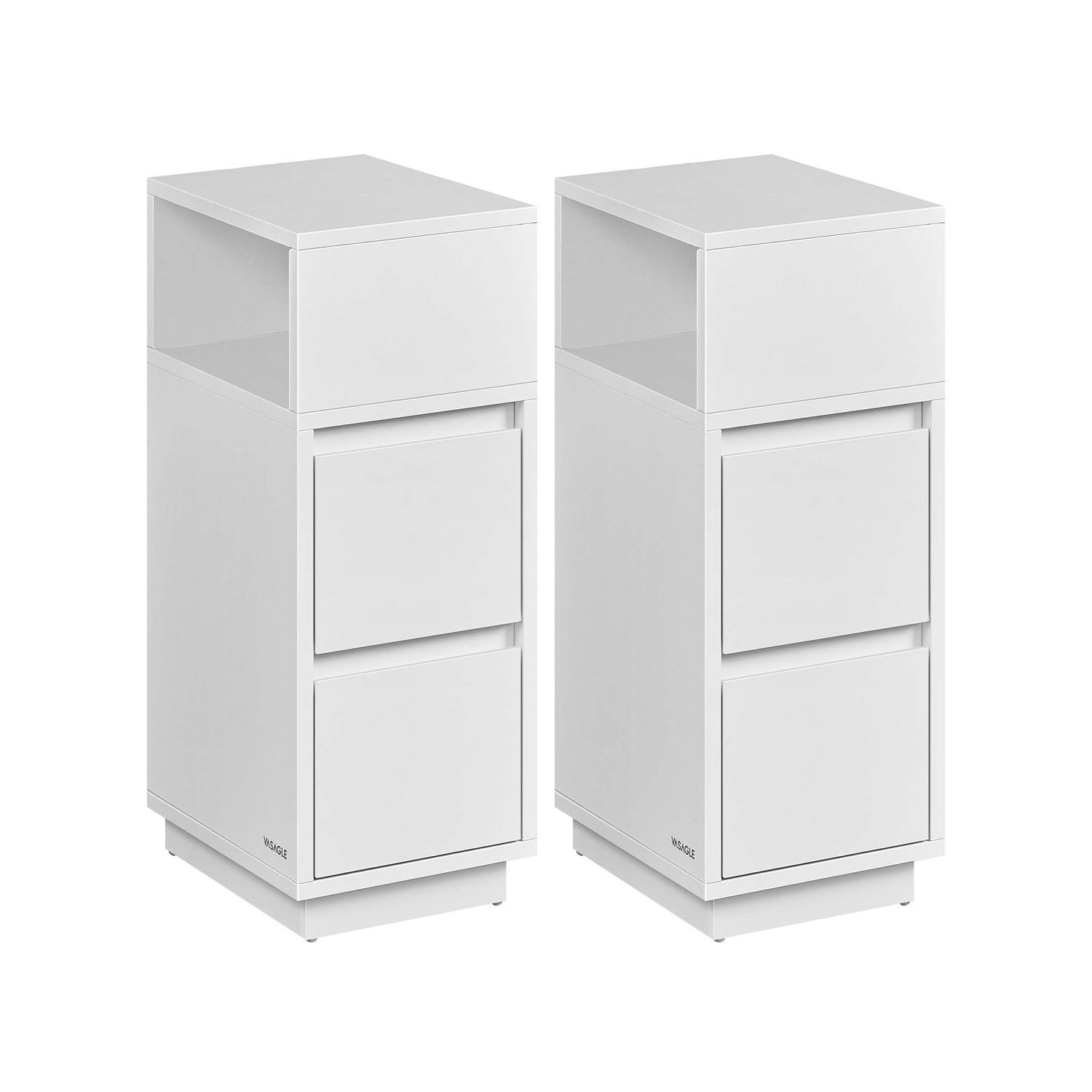 Set of 2 Slim Bedside Tables – Engineered Wood – Cloud White – 2 Drawers and 1 Open Compartment