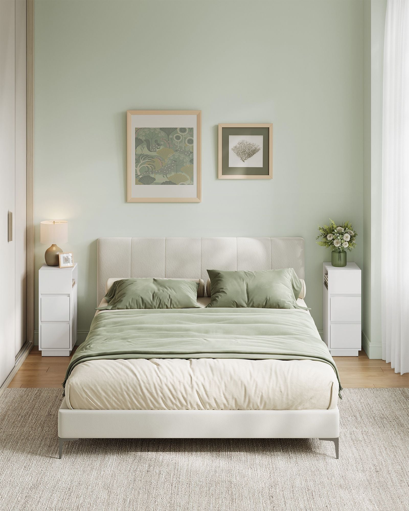 Set of 2 Slim Bedside Tables – Engineered Wood – Cloud White – 2 Drawers and 1 Open Compartment