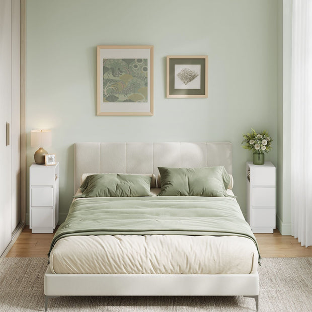 Set of 2 Slim Bedside Tables – Engineered Wood – Cloud White – 2 Drawers and 1 Open Compartment