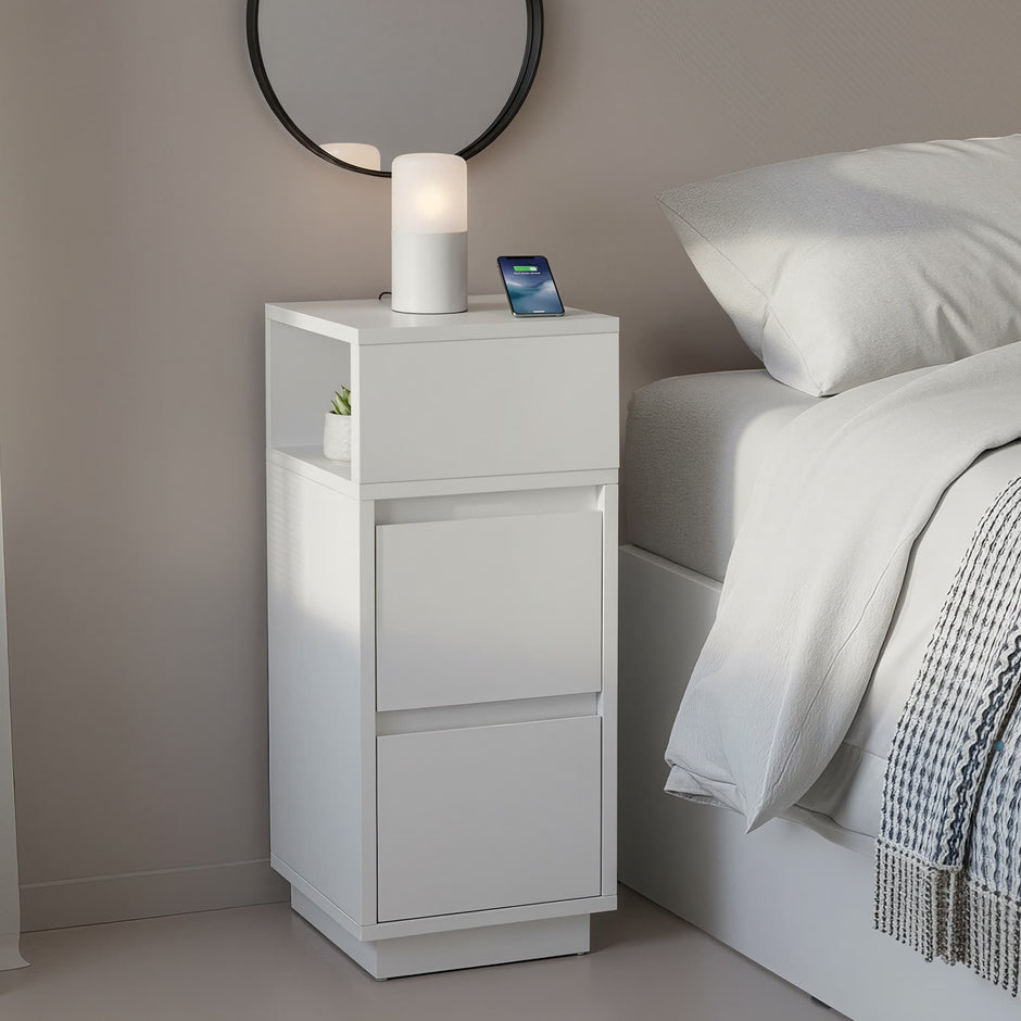 Narrow Side Tables Set – Wood – White – Slim Design with 2 Drawers and Open Compartment