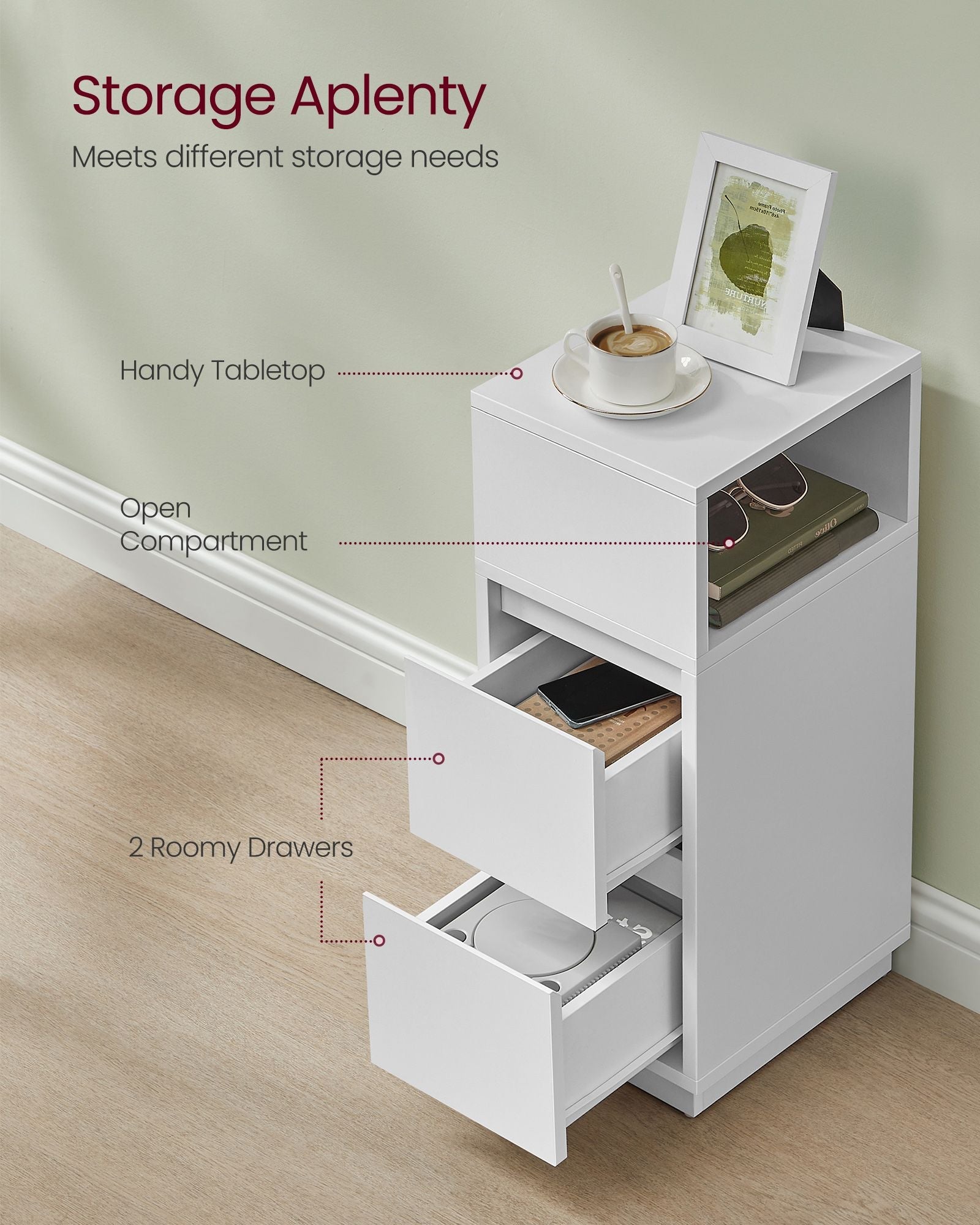 Set of 2 Slim Bedside Tables – Engineered Wood – Cloud White – 2 Drawers and 1 Open Compartment