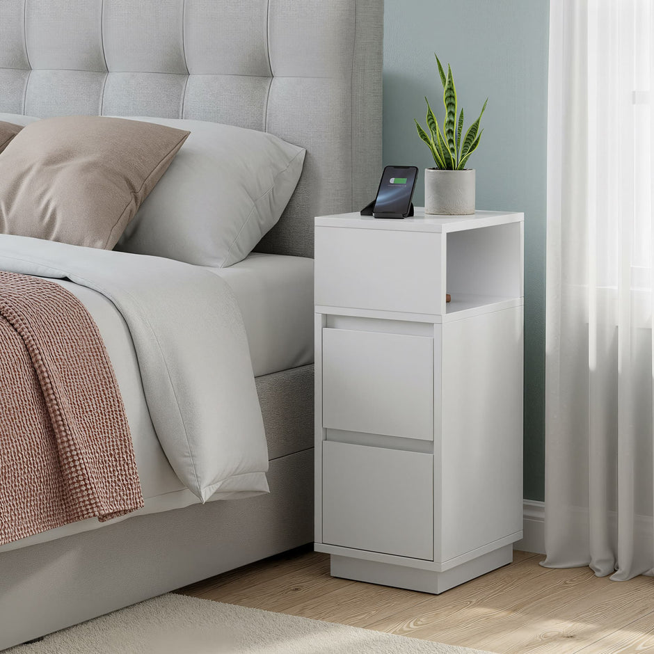 Narrow Side Tables Set – Wood – White – Slim Design with 2 Drawers and Open Compartment