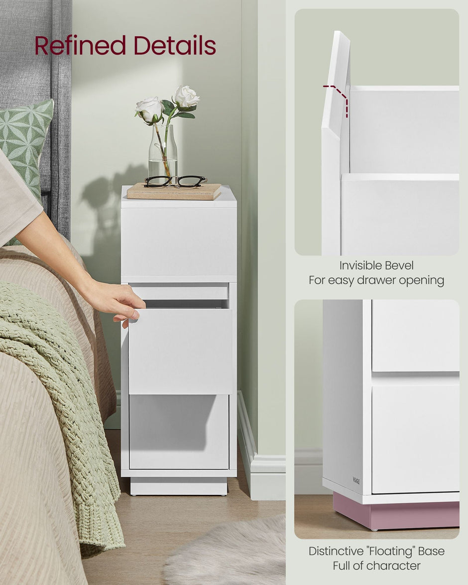 Set of 2 Slim Bedside Tables – Engineered Wood – Cloud White – 2 Drawers and 1 Open Compartment