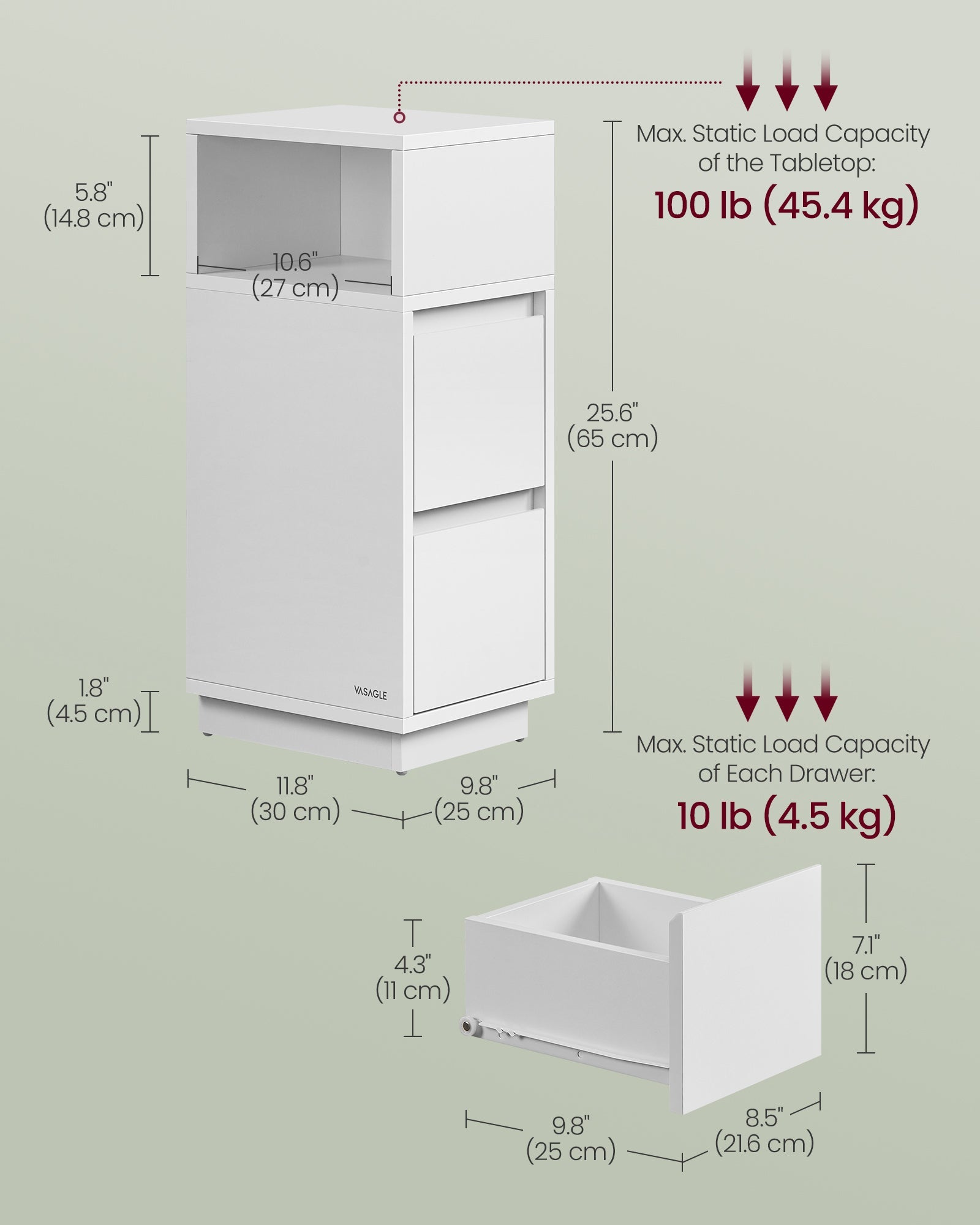 Set of 2 Slim Bedside Tables – Engineered Wood – Cloud White – 2 Drawers and 1 Open Compartment