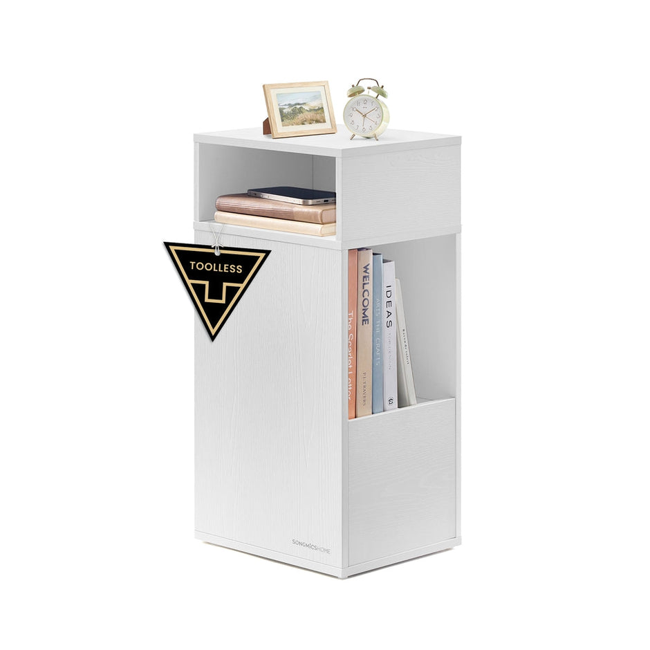 Slim Bedside Table Set of 2 – Wood – White – Toolless Assembly with Open Compartments and Drawer