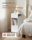 Slim Bedside Table Set of 2 – Wood – White – Toolless Assembly with Open Compartments and Drawer