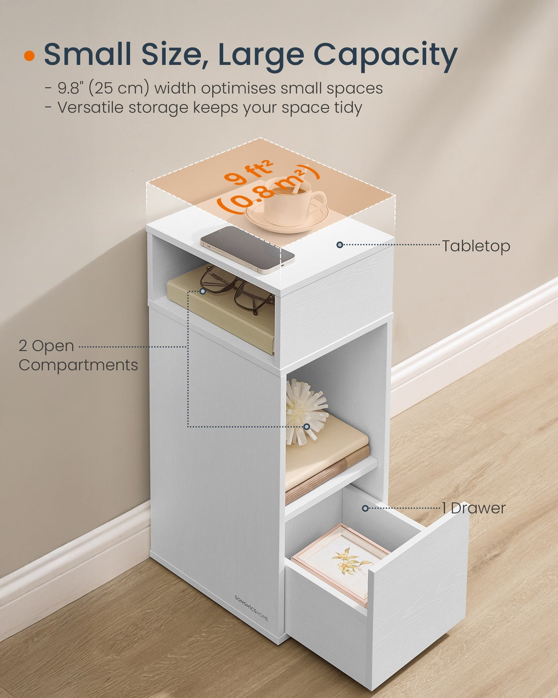 Slim Bedside Table Set of 2 – Wood – White – Toolless Assembly with Open Compartments and Drawer