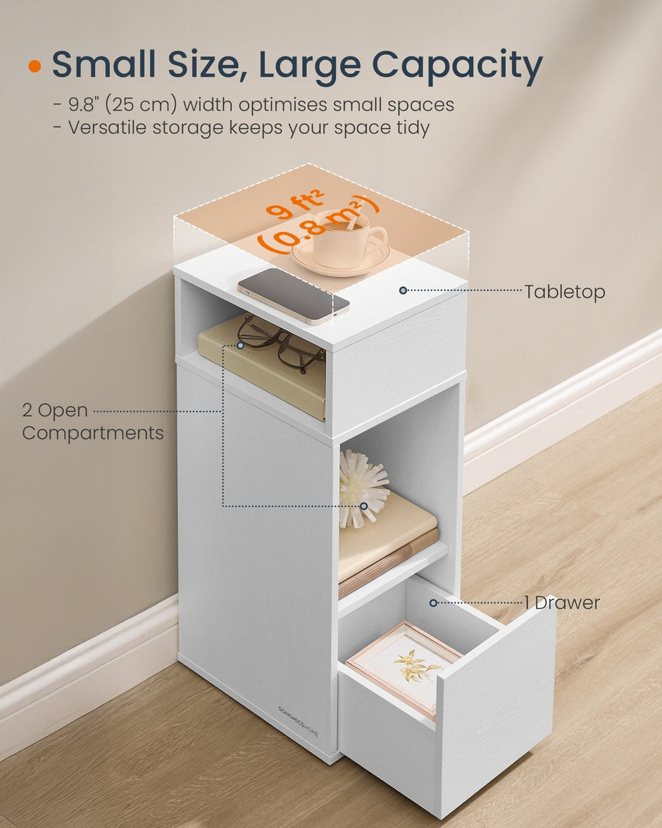 Slim Bedside Table Set of 2 – Wood – White – Toolless Assembly with Open Compartments and Drawer